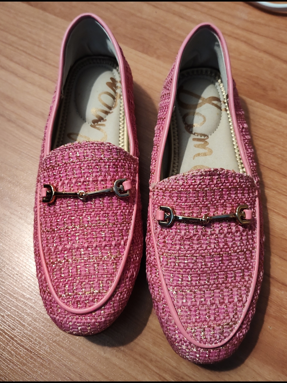 Sam Edelman Pink Tweed Kids Loafers with Gold Bit